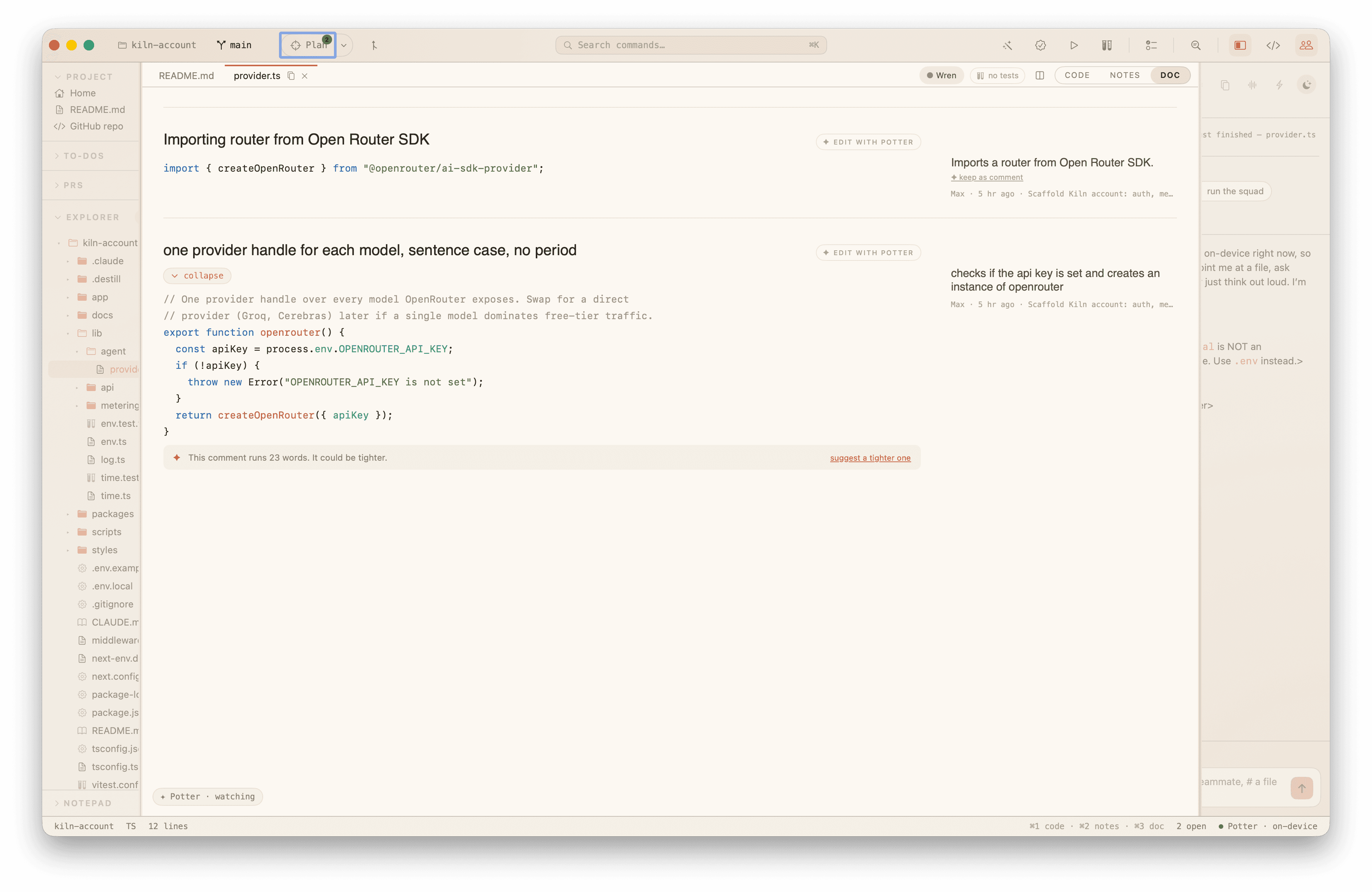 Kiln reading a TypeScript file in document mode with notes alongside the code