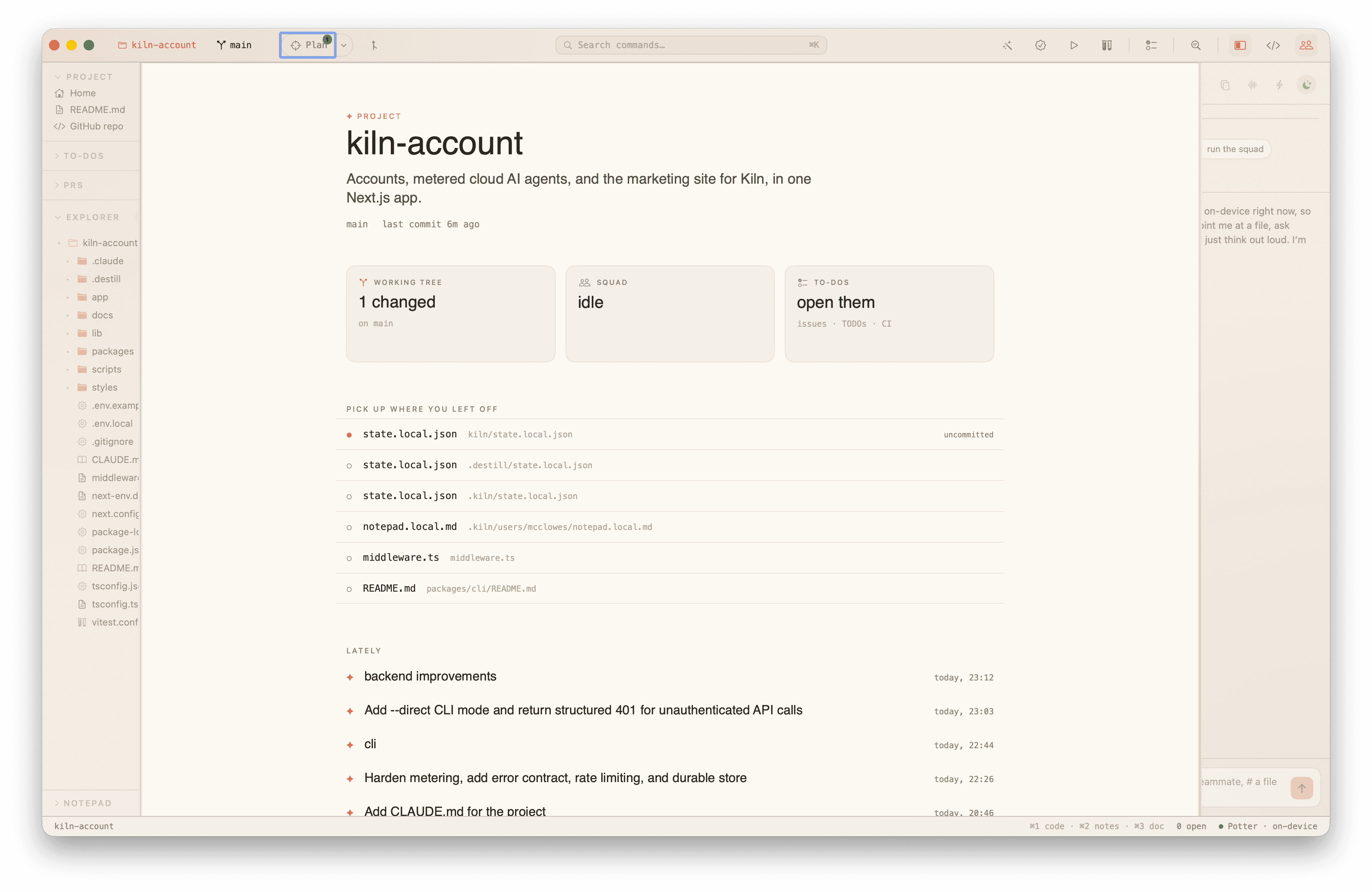 The Kiln home screen showing a project overview, working tree, and squad status