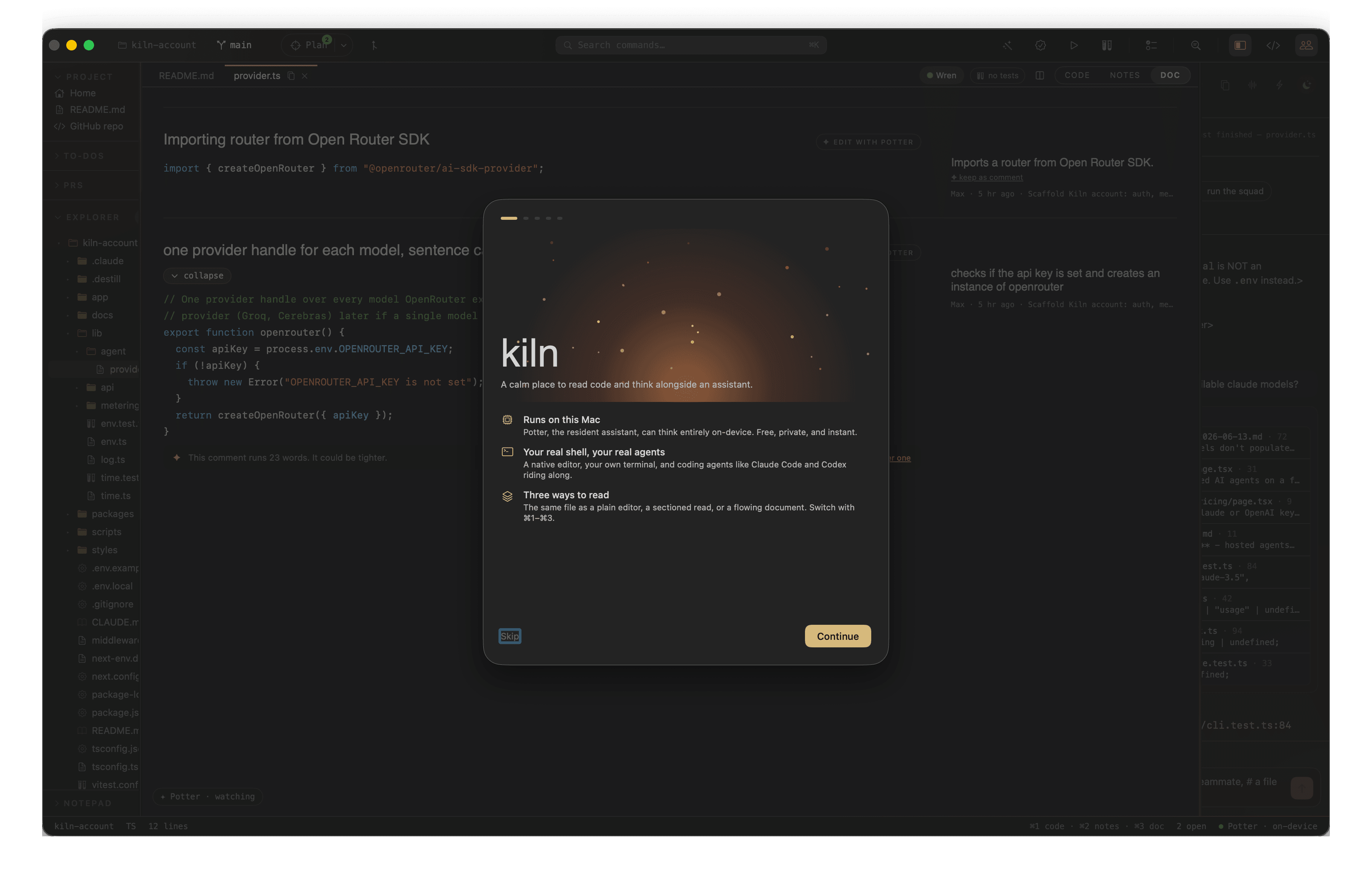 Kiln's onboarding screen in dark mode